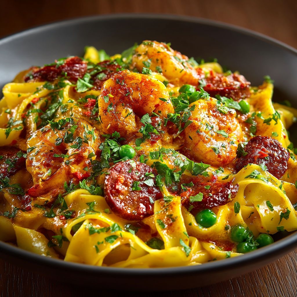 A bowl of pasta with shrimp and chorizo.