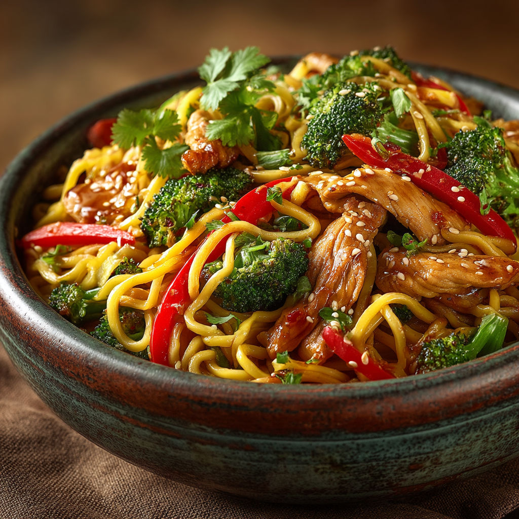 A bowl of noodles with chicken and broccoli.