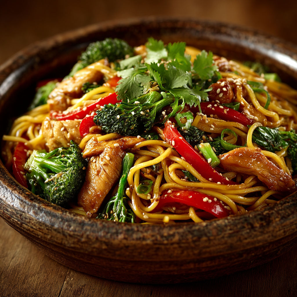 A bowl of noodles with vegetables and meat.