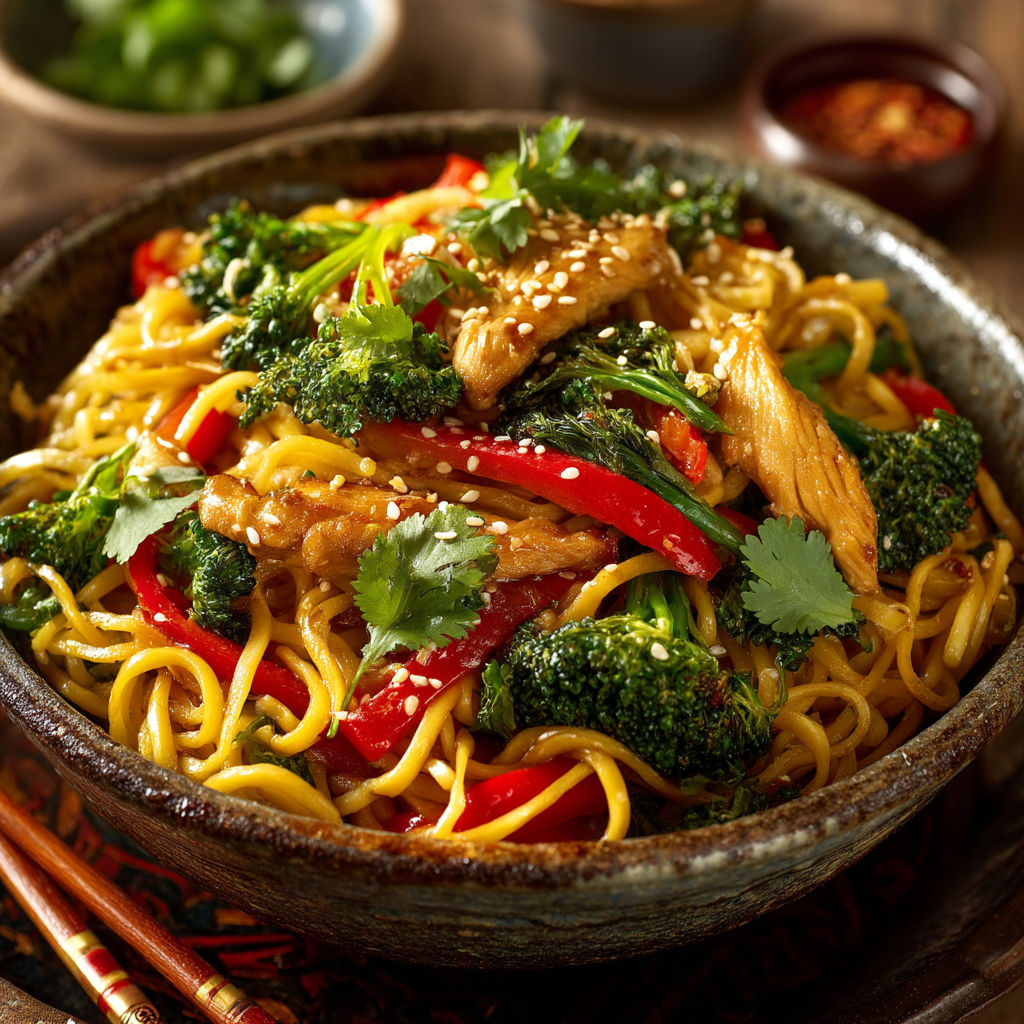 A bowl of noodles with vegetables and meat.