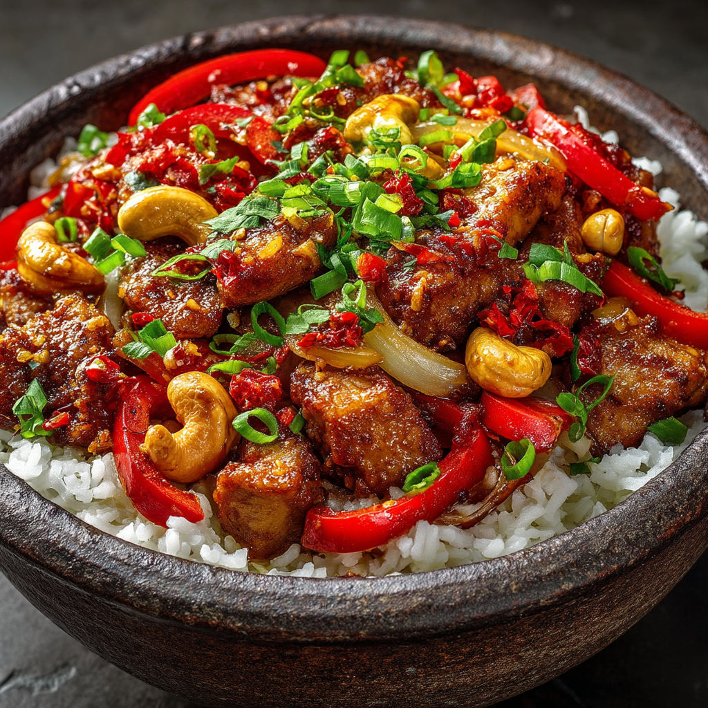 A bowl of food with chicken and peppers.