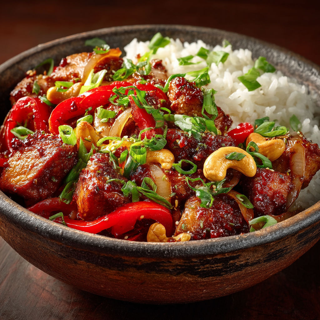 A bowl of food with rice and meat.