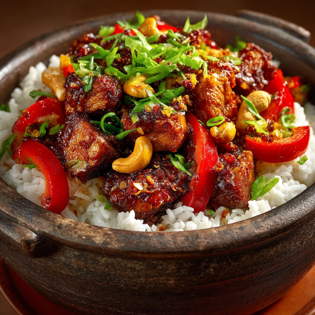 A bowl of food with rice and meat.