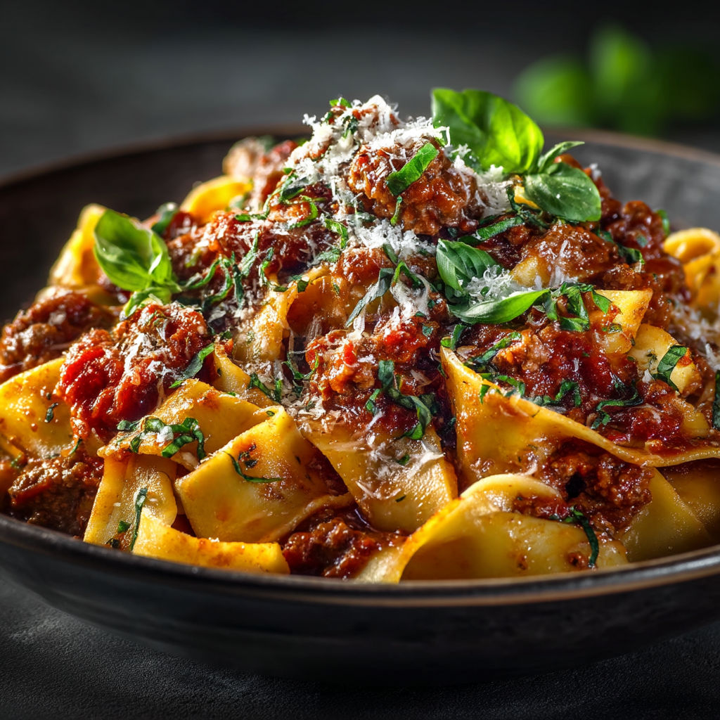 A bowl of pasta with meat sauce and cheese.