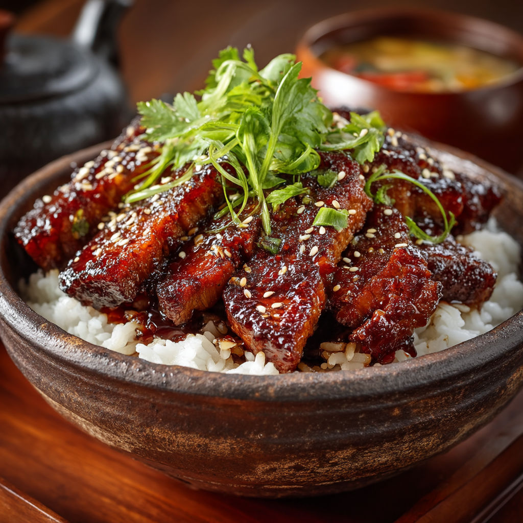 A bowl of meat with rice.