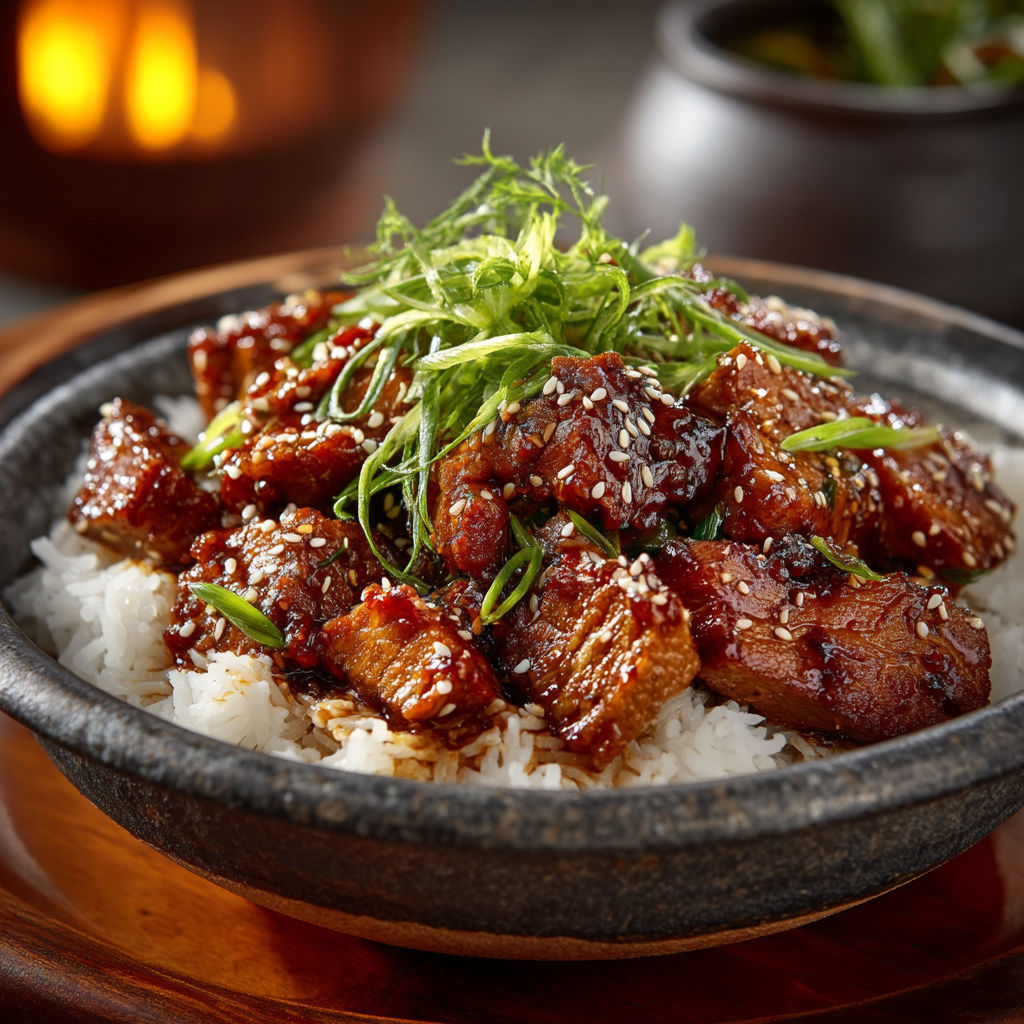 A bowl of food with rice and meat.