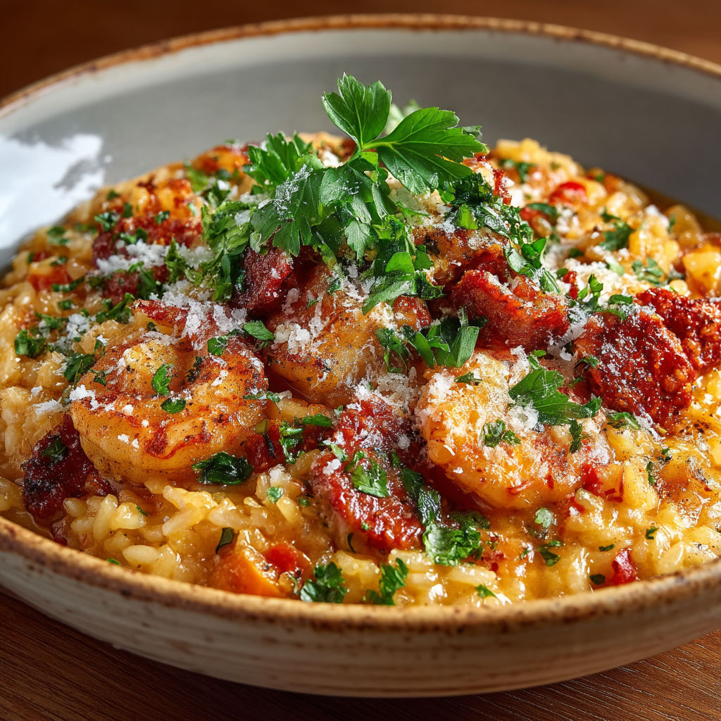 A bowl of rice with shrimp and cheese on top.