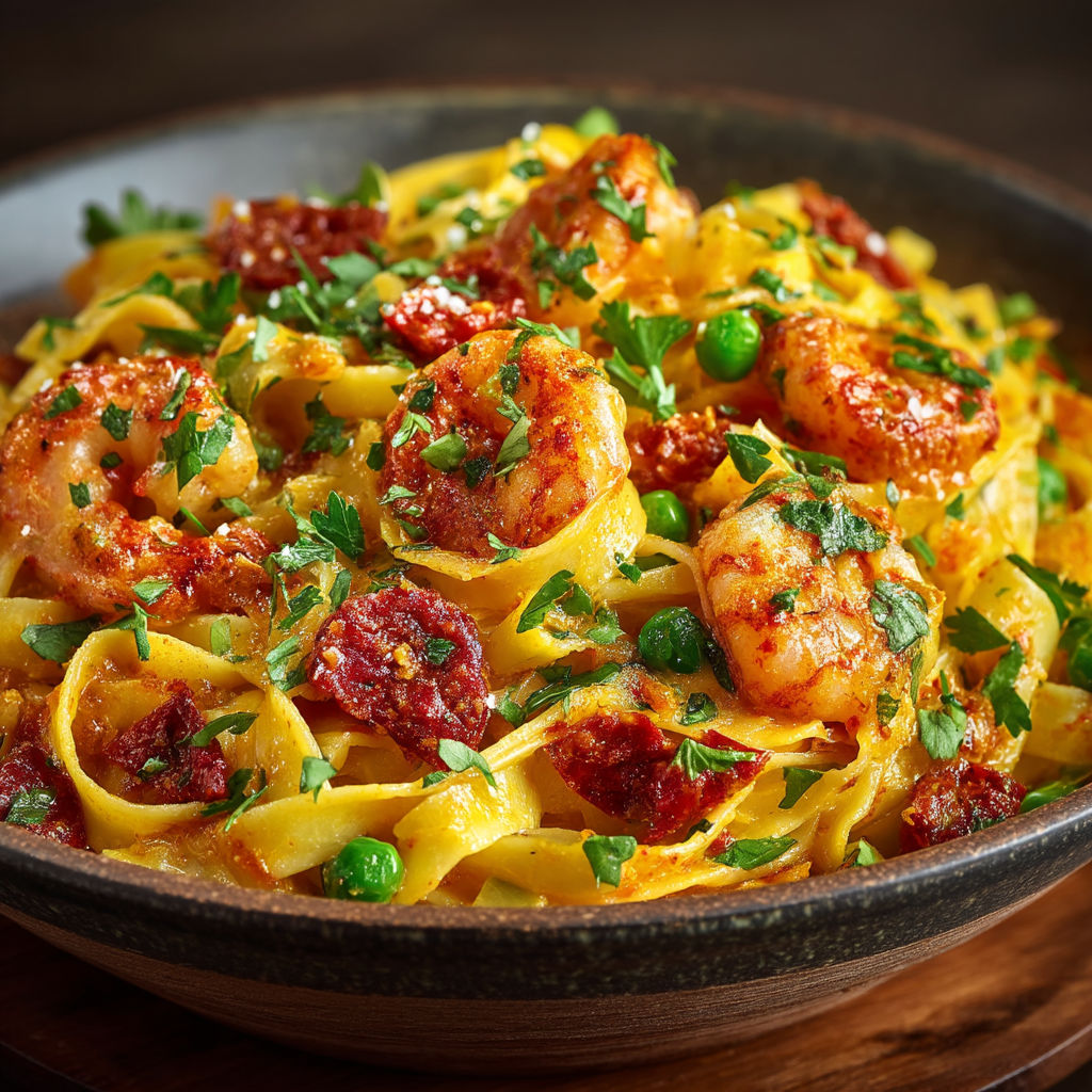 A bowl of pasta with shrimp and peas.