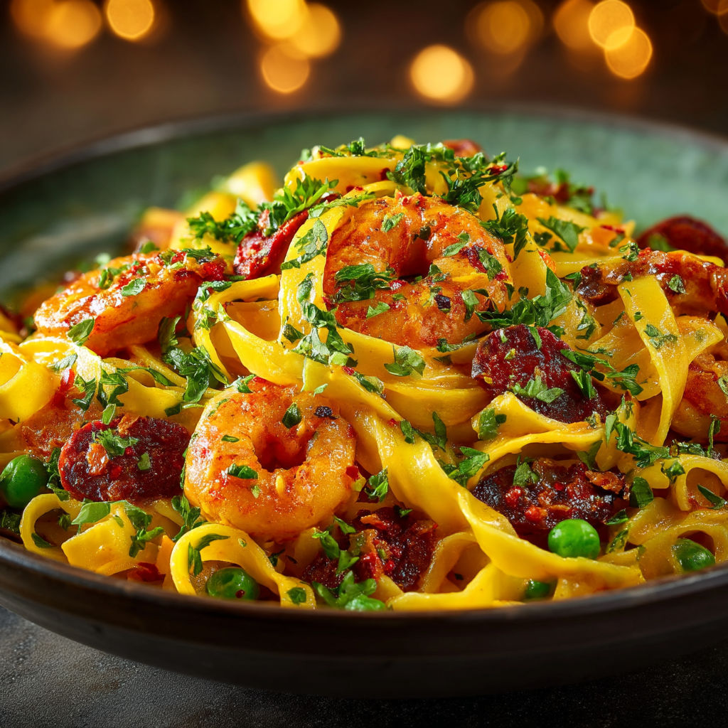 A bowl of pasta with shrimp and peppers.