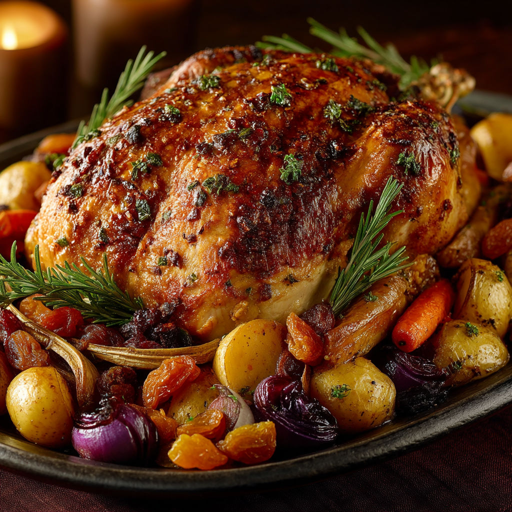 A roasted chicken with vegetables and herbs.