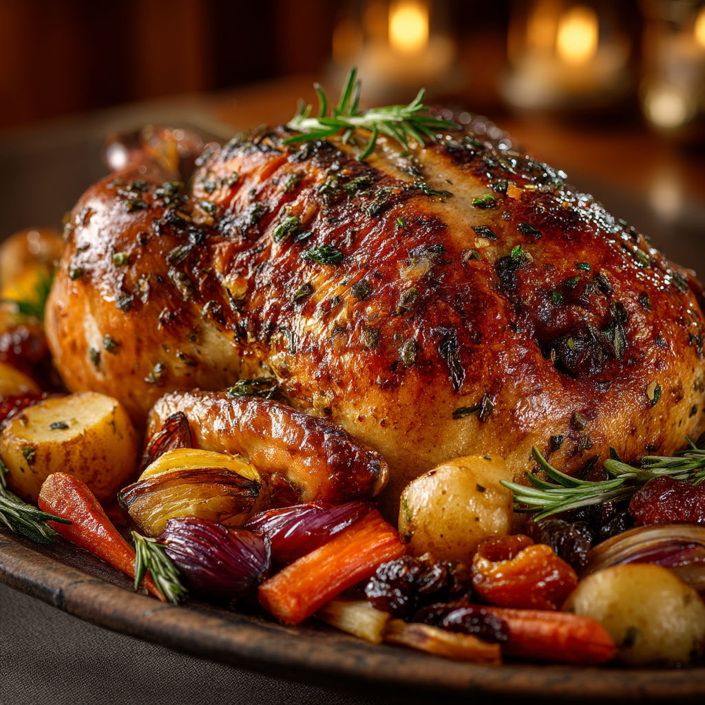 A roasted chicken with herbs and vegetables.