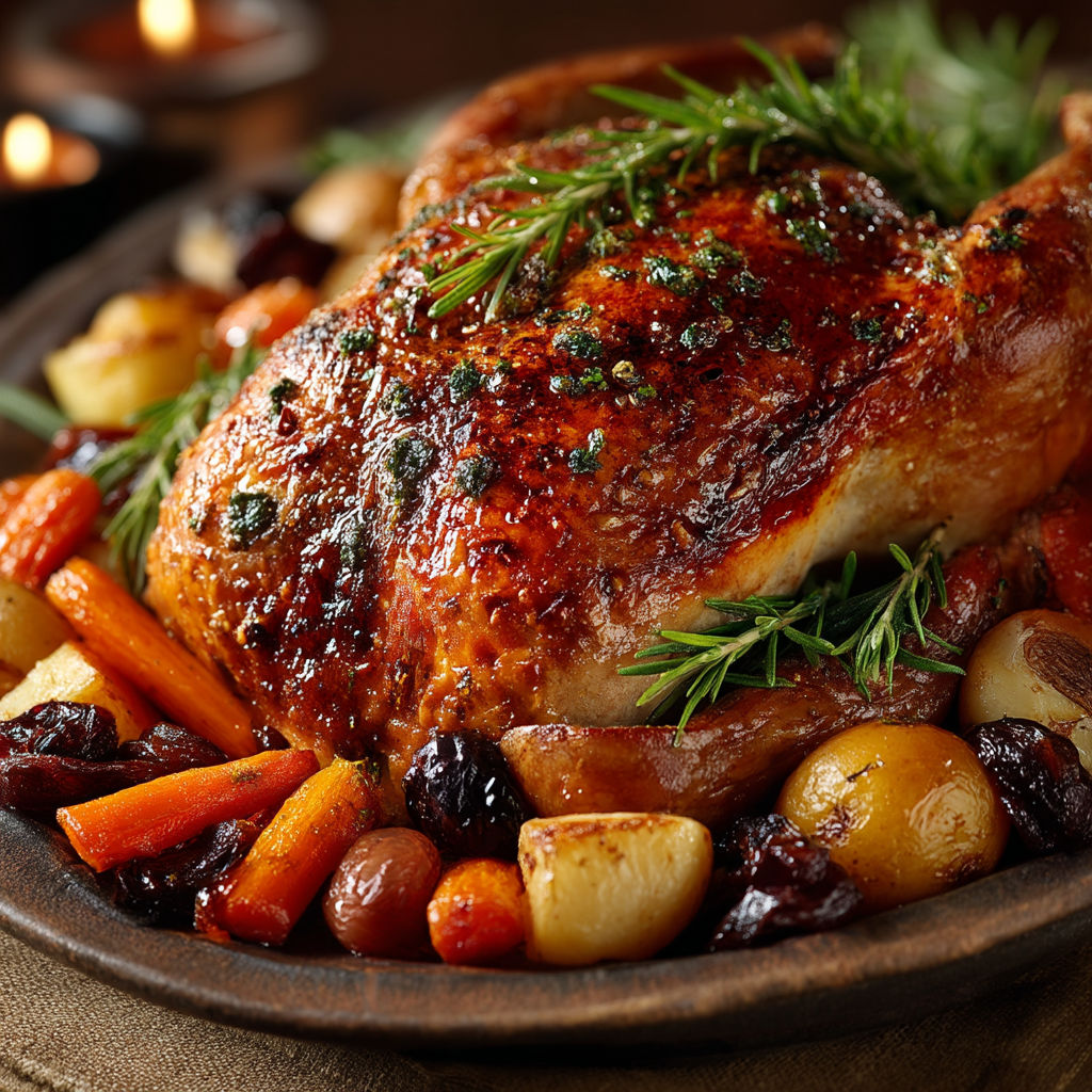 A roasted chicken with herbs and vegetables.