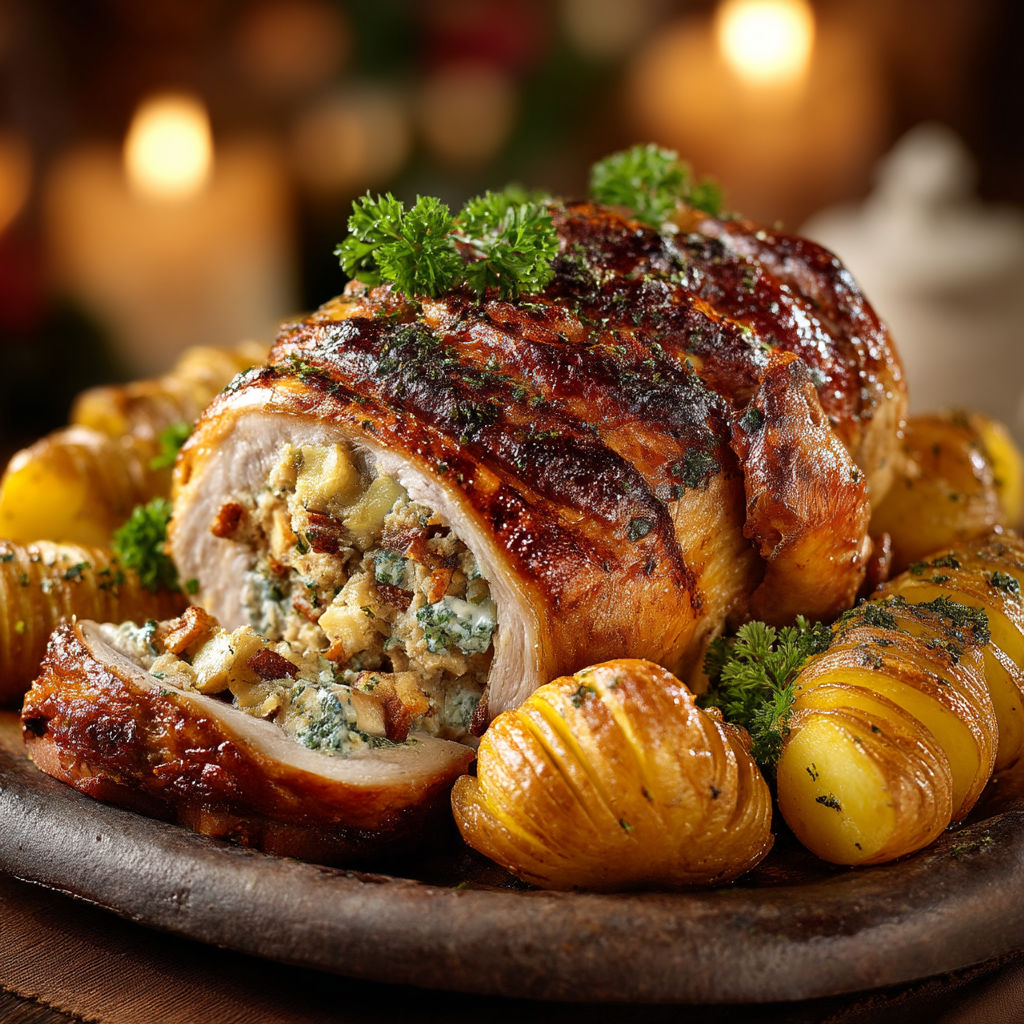 A roast with a stuffed pork filling and potatoes.