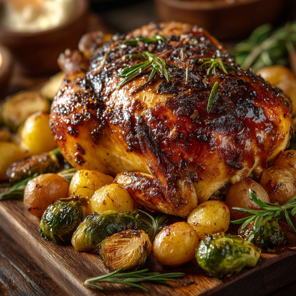 A roasted chicken with herbs and a syrup on a wooden platter.