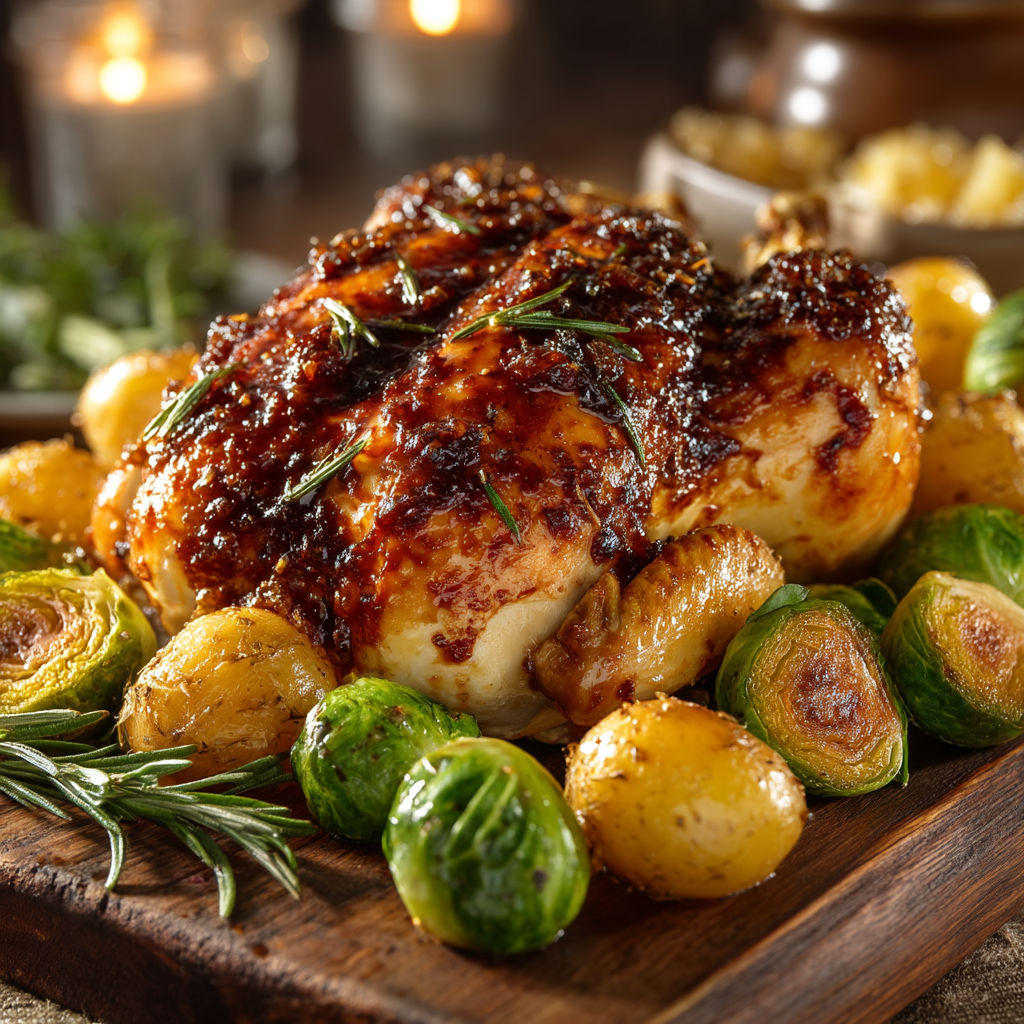 A roasted chicken with potatoes and greens.