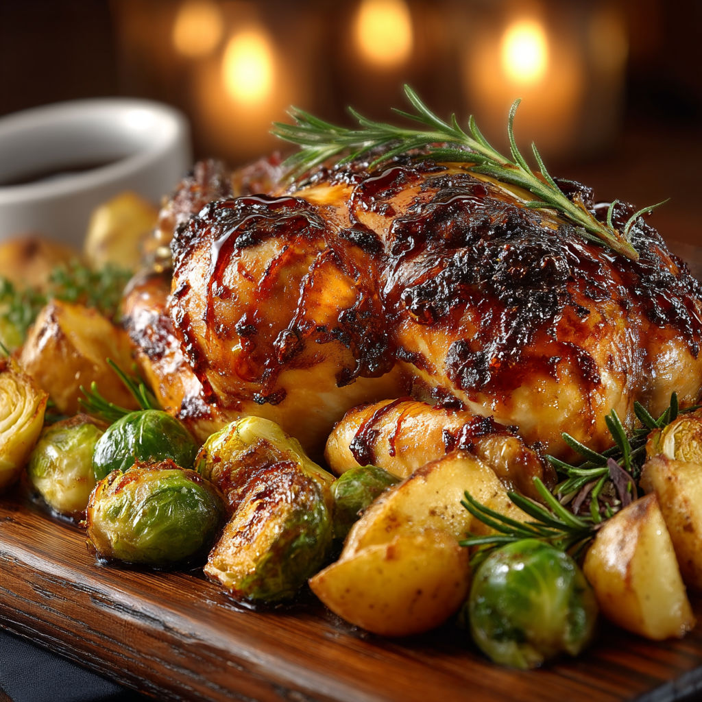 A roasted chicken with potatoes and brussels sprouts.