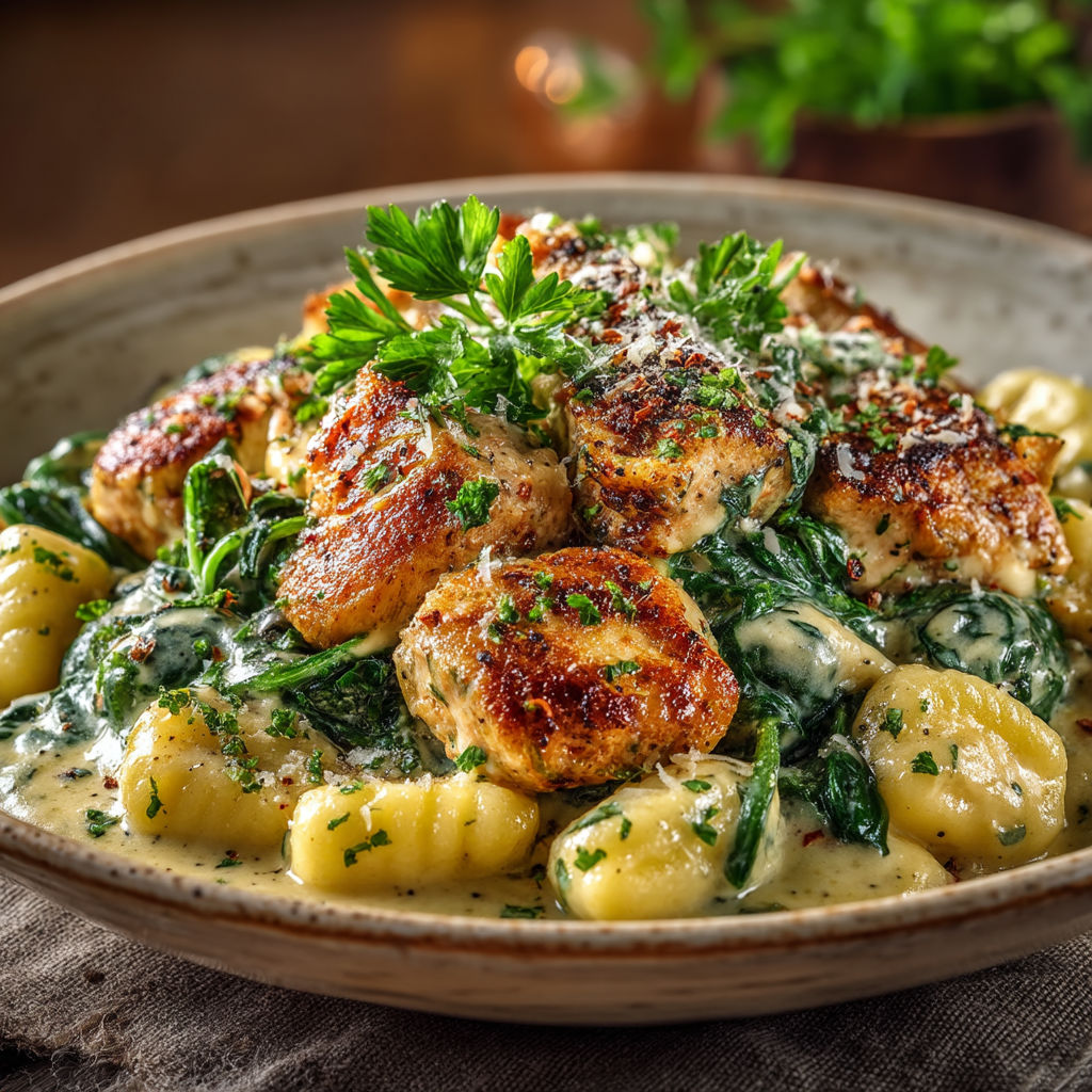 A plate of food with chicken and spinach.