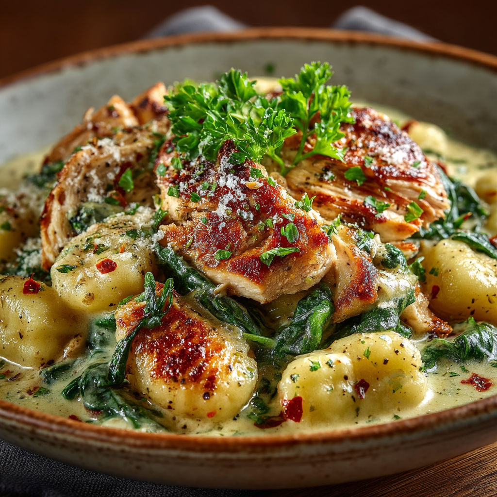 A bowl of food with chicken, pasta, and greens.