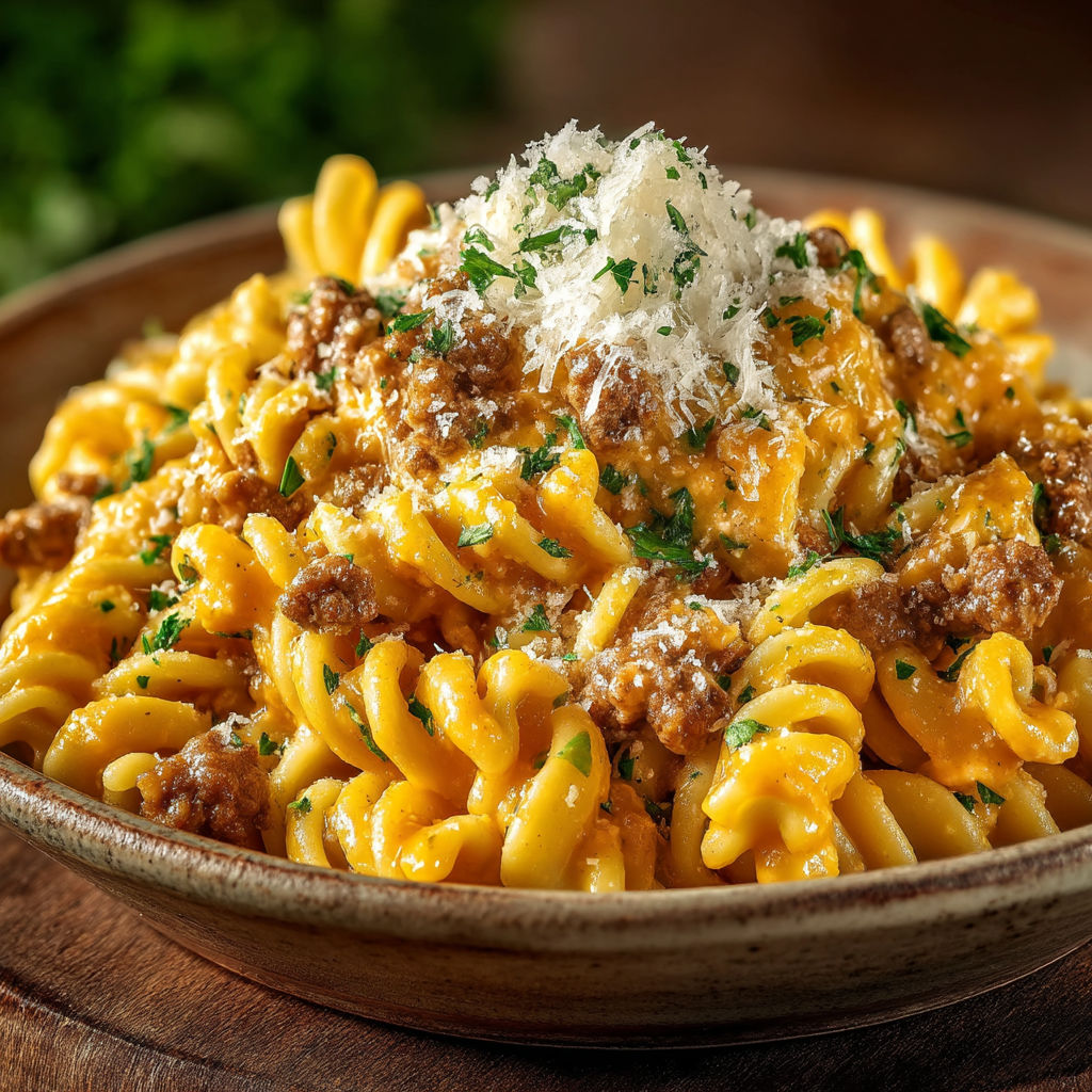 A bowl of pasta with meat and cheese on top.