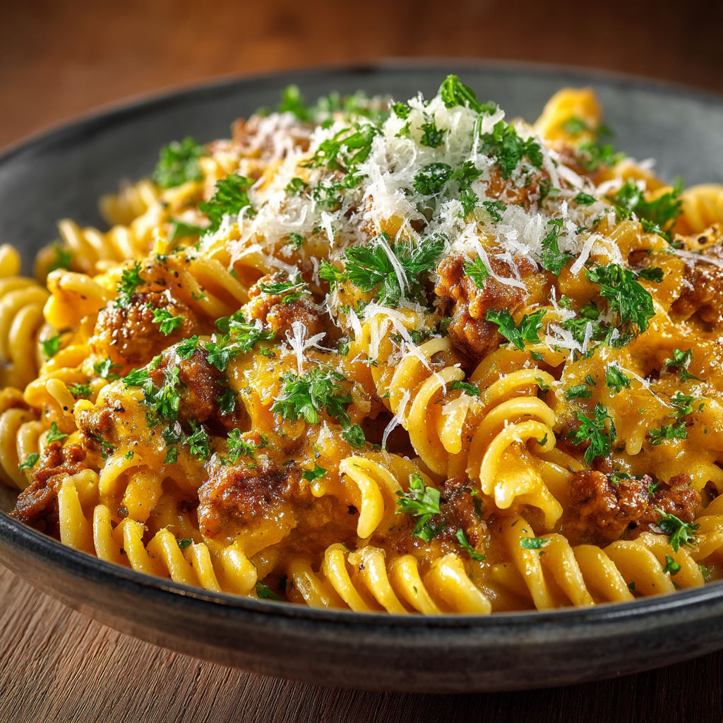 A bowl of pasta with meat and cheese.