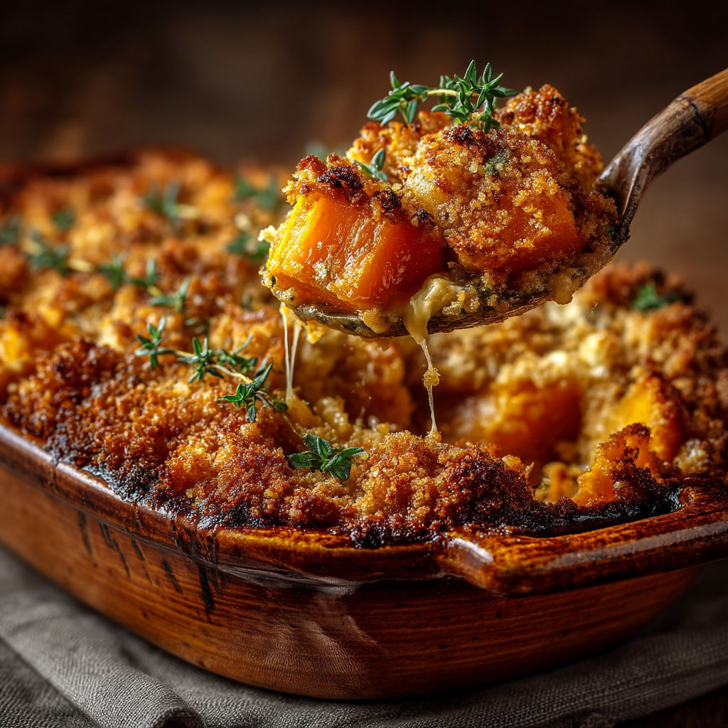 A wooden bowl filled with a delicious casserole.