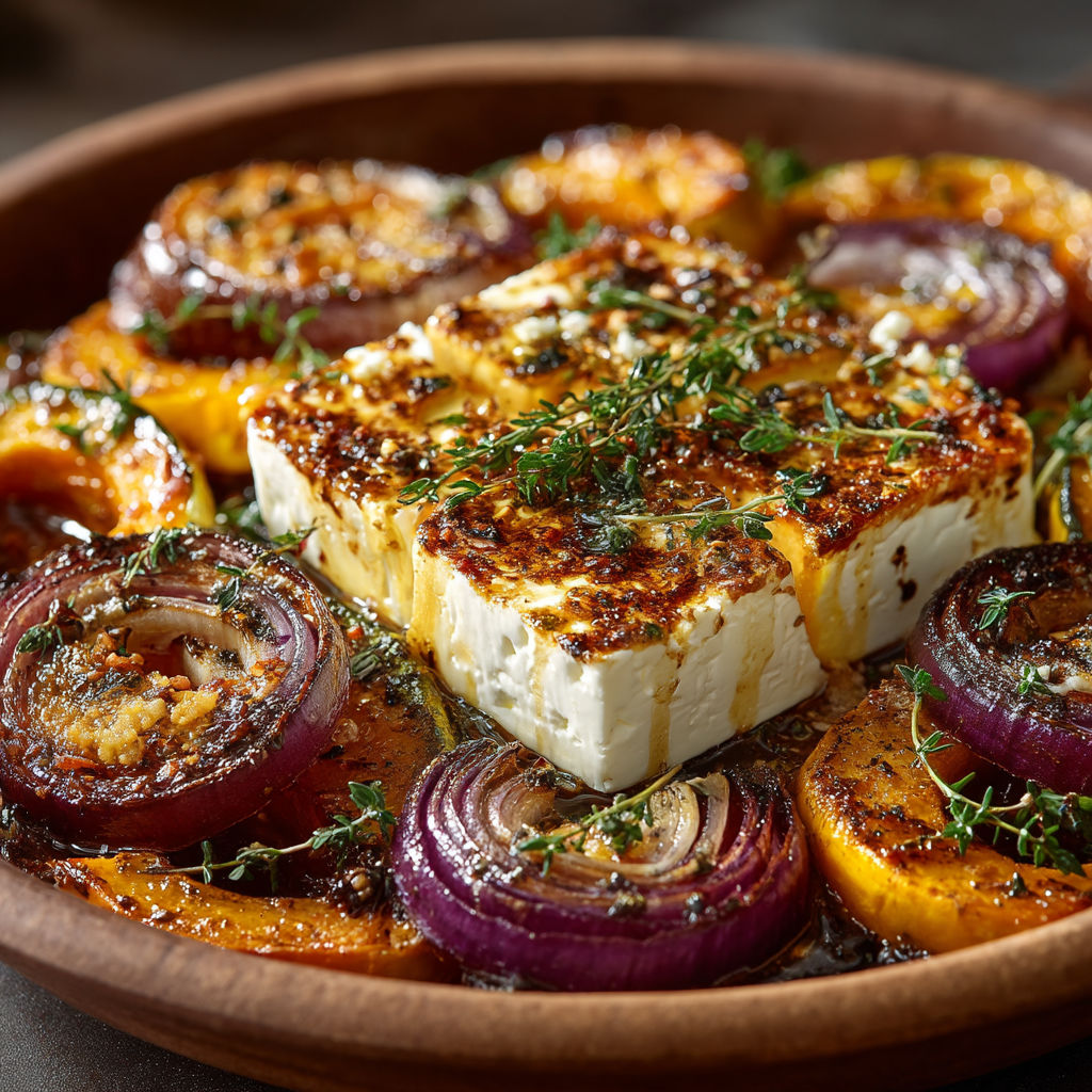 A plate of food with feta cheese and onions.