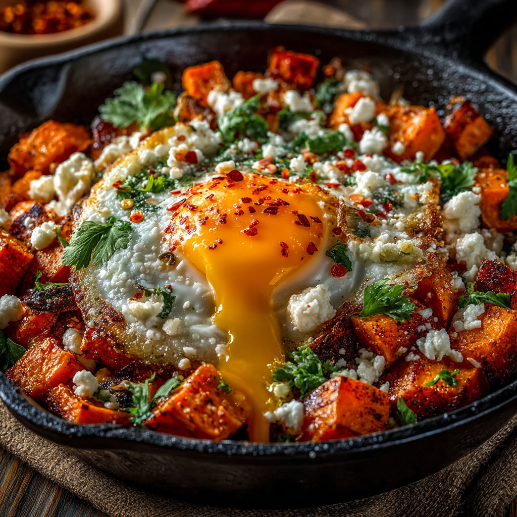 A fried egg in a pan with vegetables.