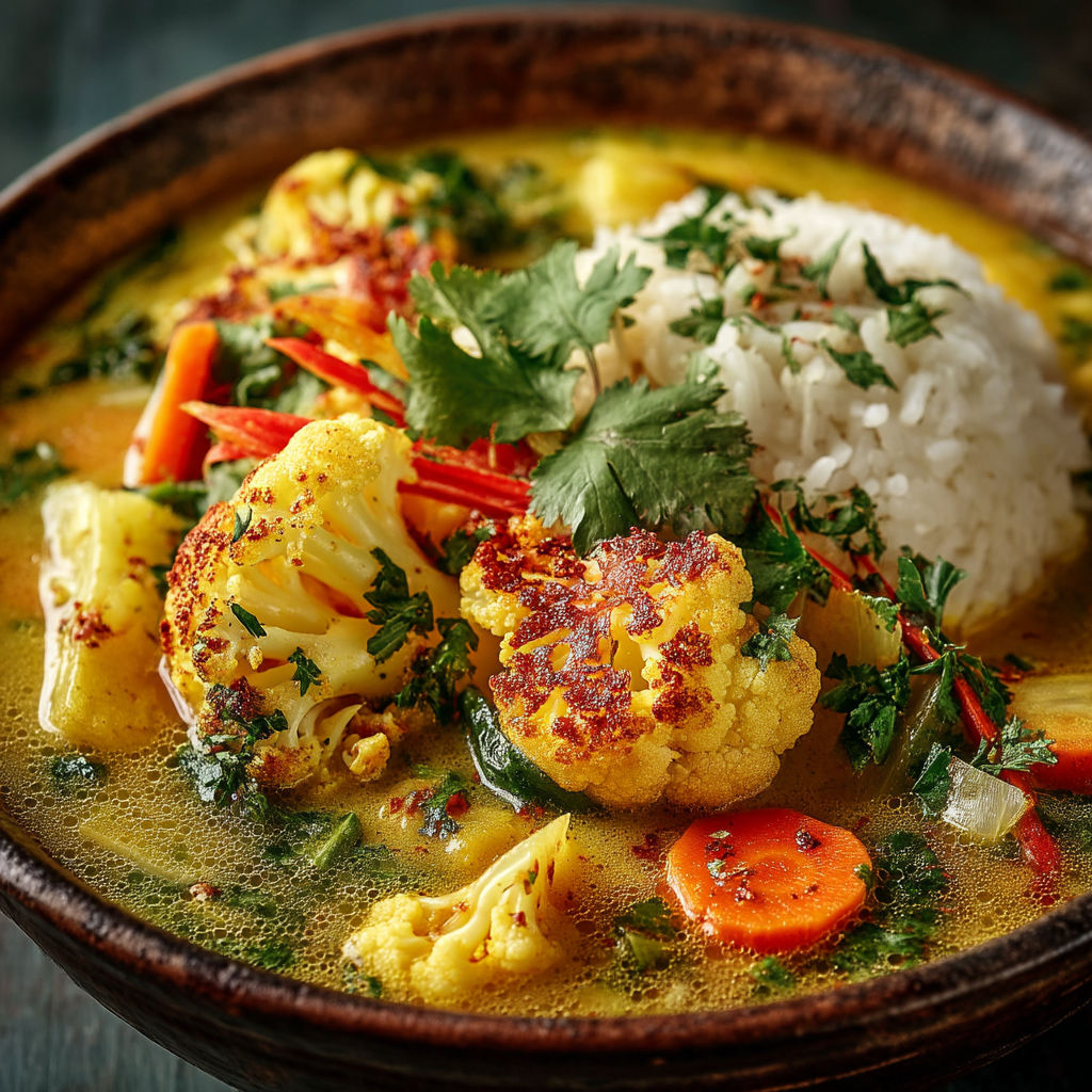 A bowl of soup with cauliflower, carrots, and rice.