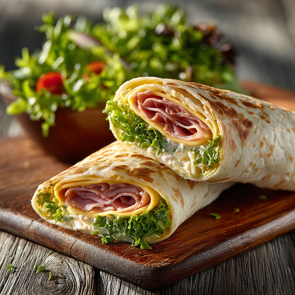 A sandwich with meat and lettuce on a wooden table.