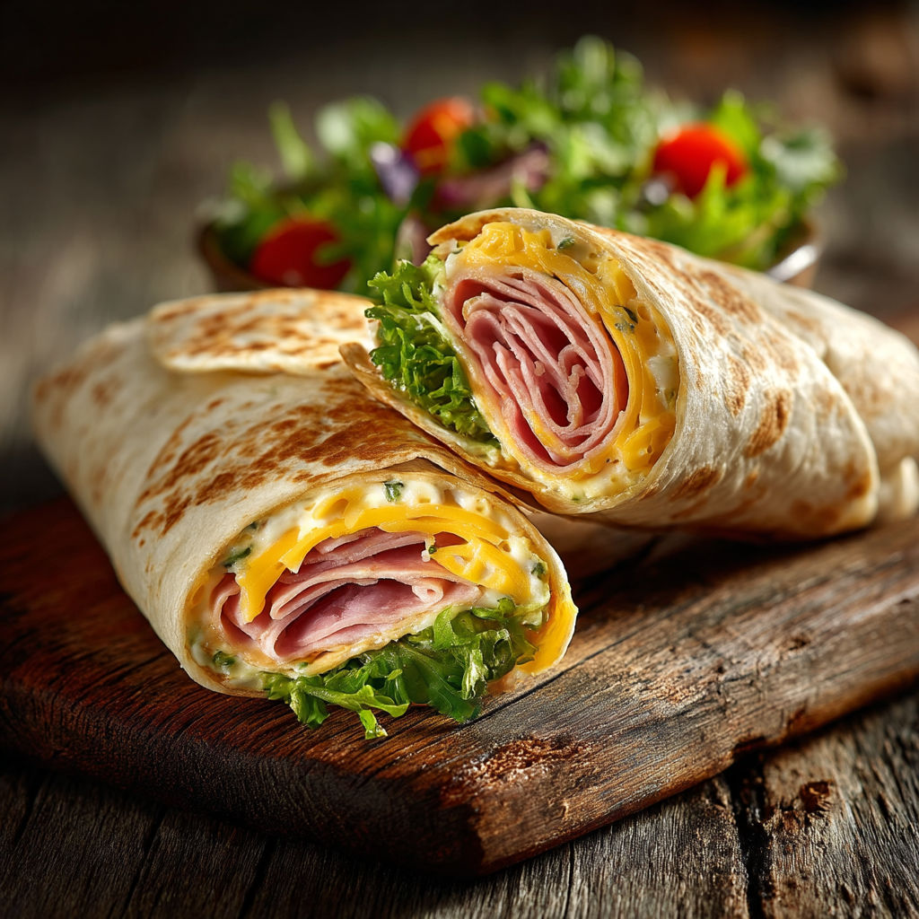 A sandwich is cut in half and placed on a wooden cutting board.