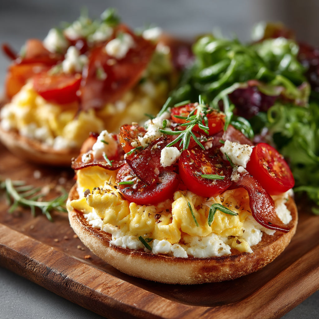 Two muffins with fried eggs, tomatoes and ham.