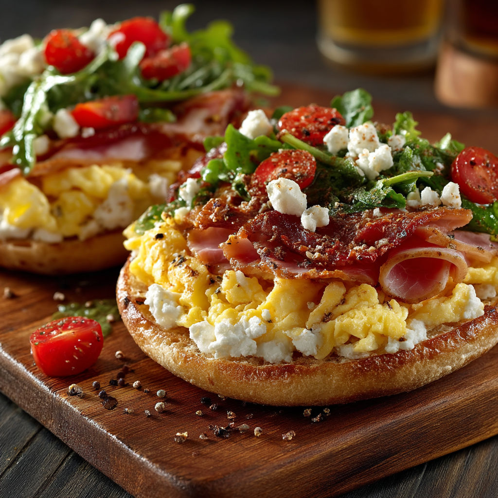 A breakfast sandwich with bacon, tomatoes, and feta cheese.