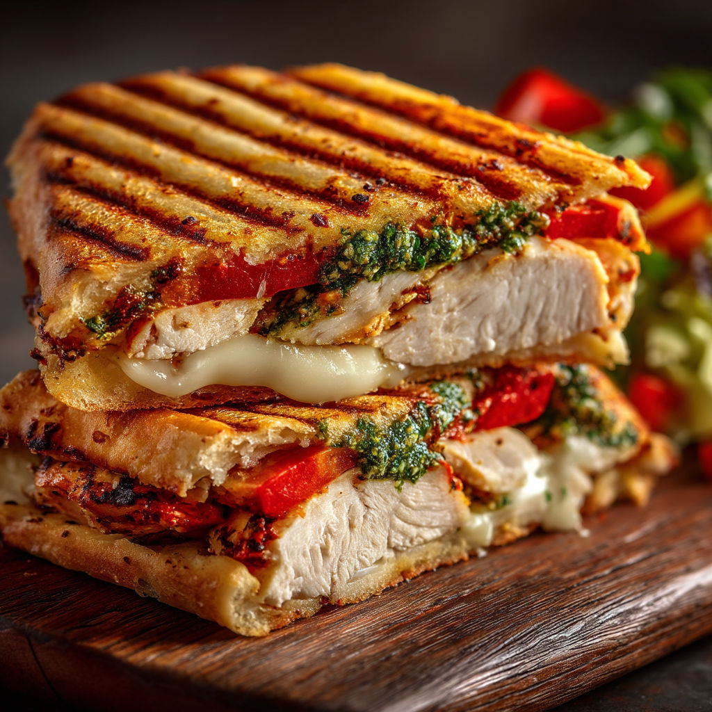 A sandwich with chicken and vegetables on a wooden board.