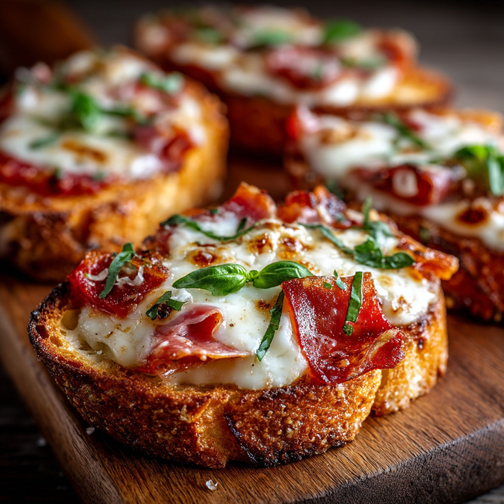 A plate of bruschetta with tomatoes, jambon, and mozzarella.