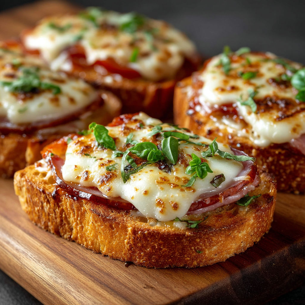 A slice of bruschetta with tomatoes, jambon and mozzarella cheese.