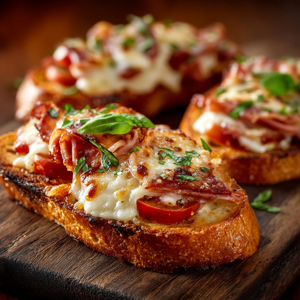 A slice of bruschetta with tomatoes, ham, and mozzarella cheese.