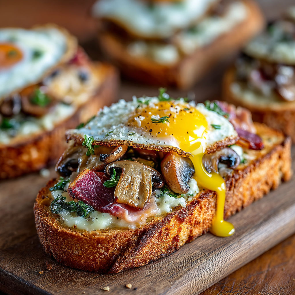 A breakfast sandwich with mushrooms and egg on toast.