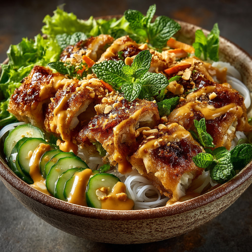 A bowl of food with noodles, meat, and vegetables.