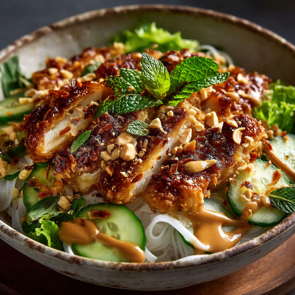 A bowl of food with chicken, cucumbers, and mint.