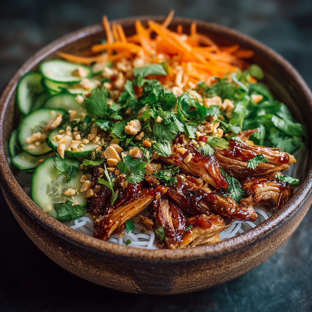 A bowl of food with meat, vegetables, and noodles.