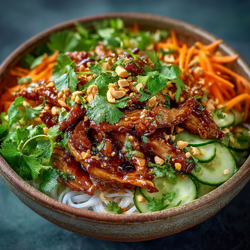 A bowl of food with meat, vegetables, and sauce.