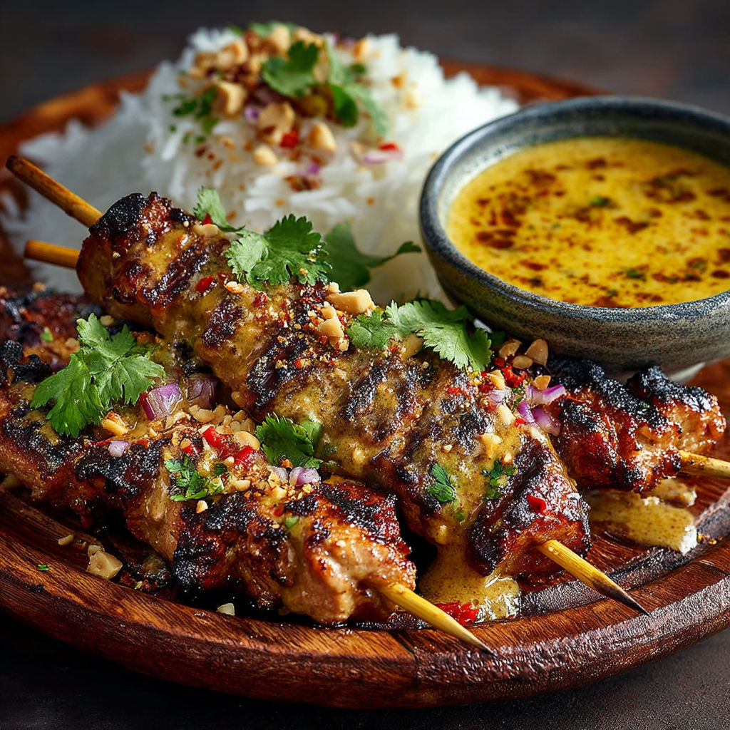A plate of satay chicken with peanut sauce.