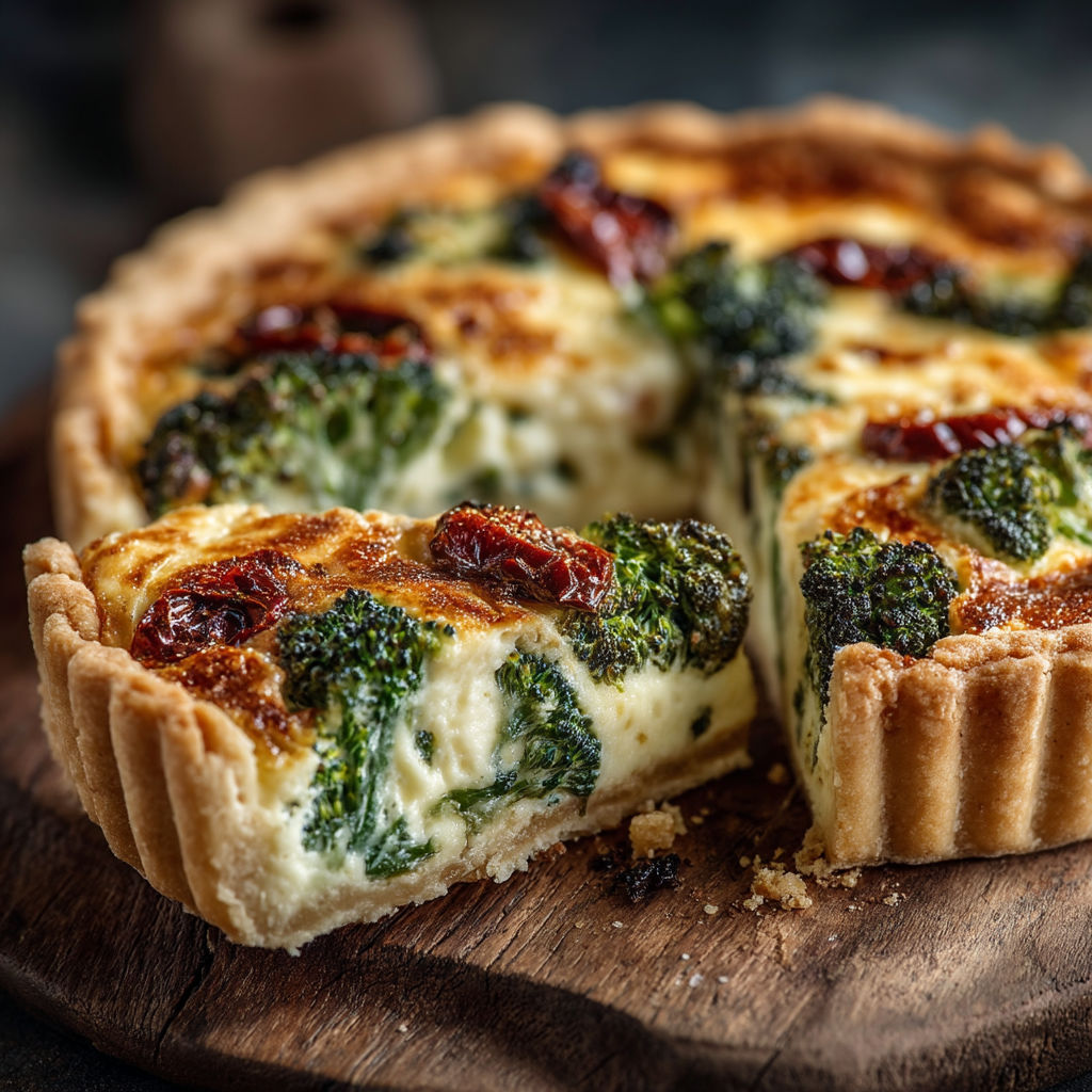 A slice of quiche with broccoli and tomatoes.