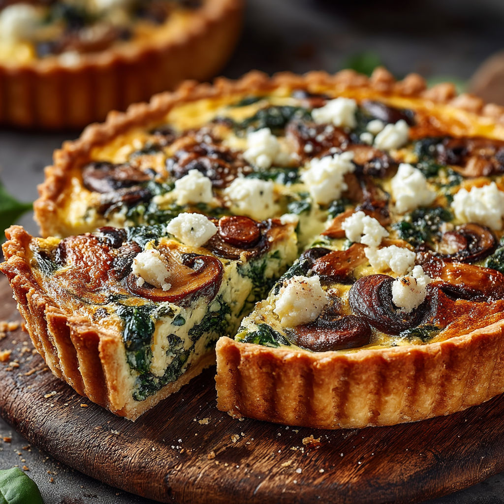 A slice of quiche with cheese, mushrooms, and spinach.