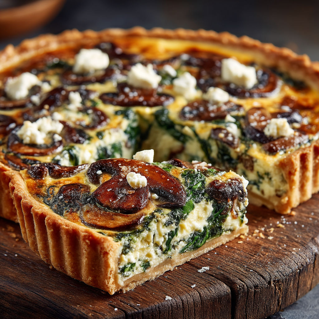 A slice of quiche with cheese and spinach.