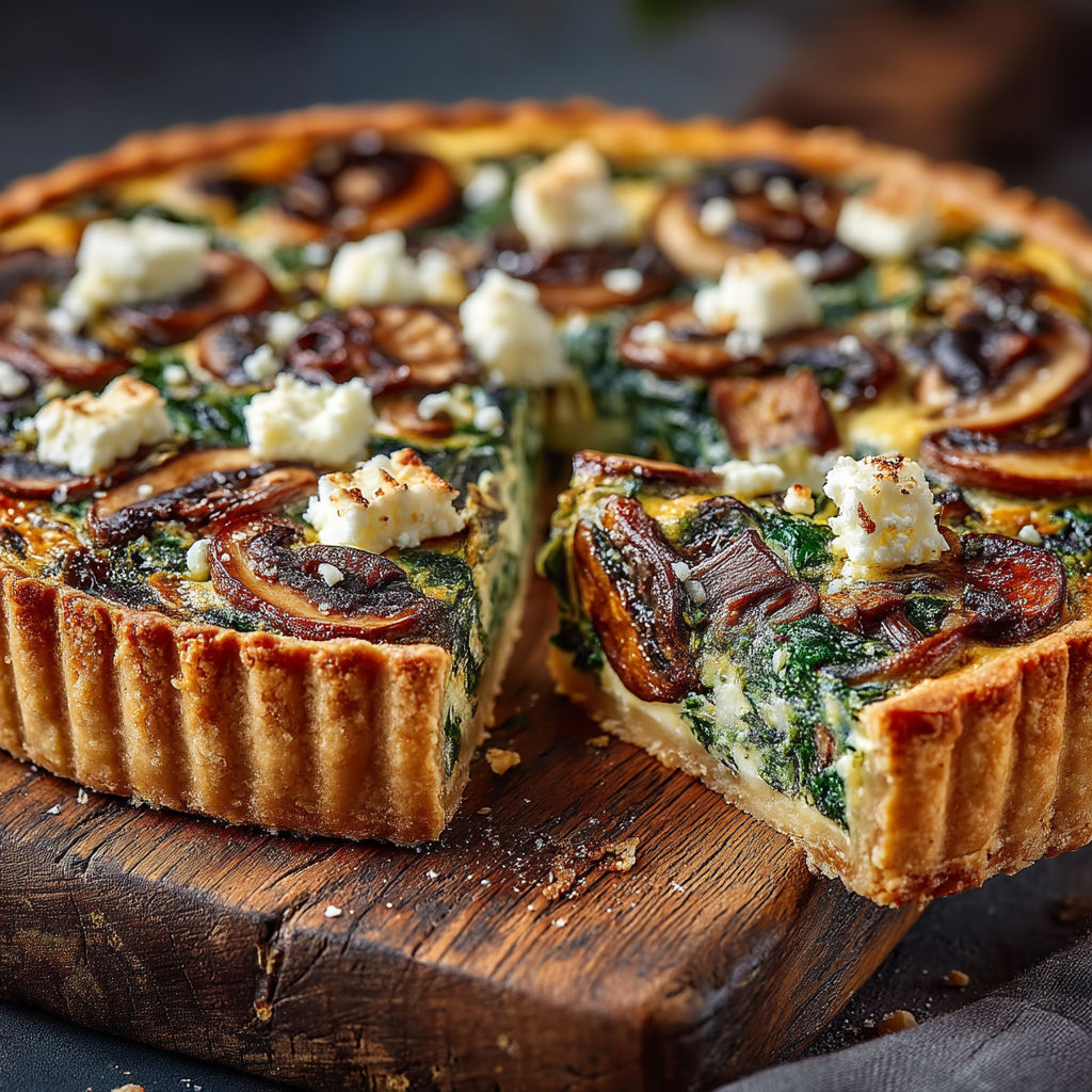 A slice of quiche with mushrooms and cheese.
