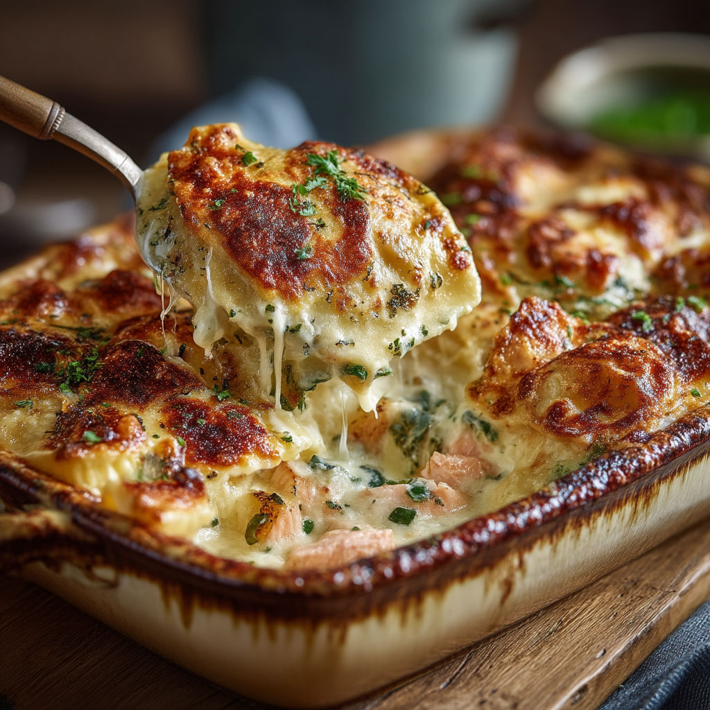 A delicious looking casserole with a wooden spoon in it.