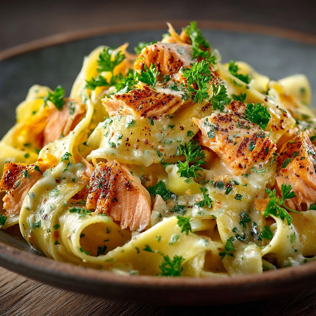 A bowl of pasta with salmon and herbs.