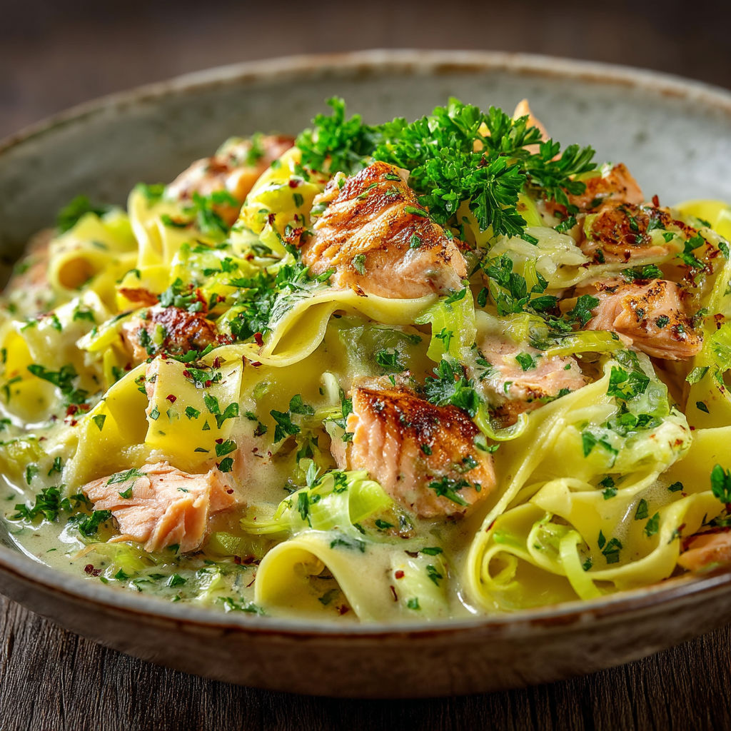 A bowl of pasta with salmon and herbs.