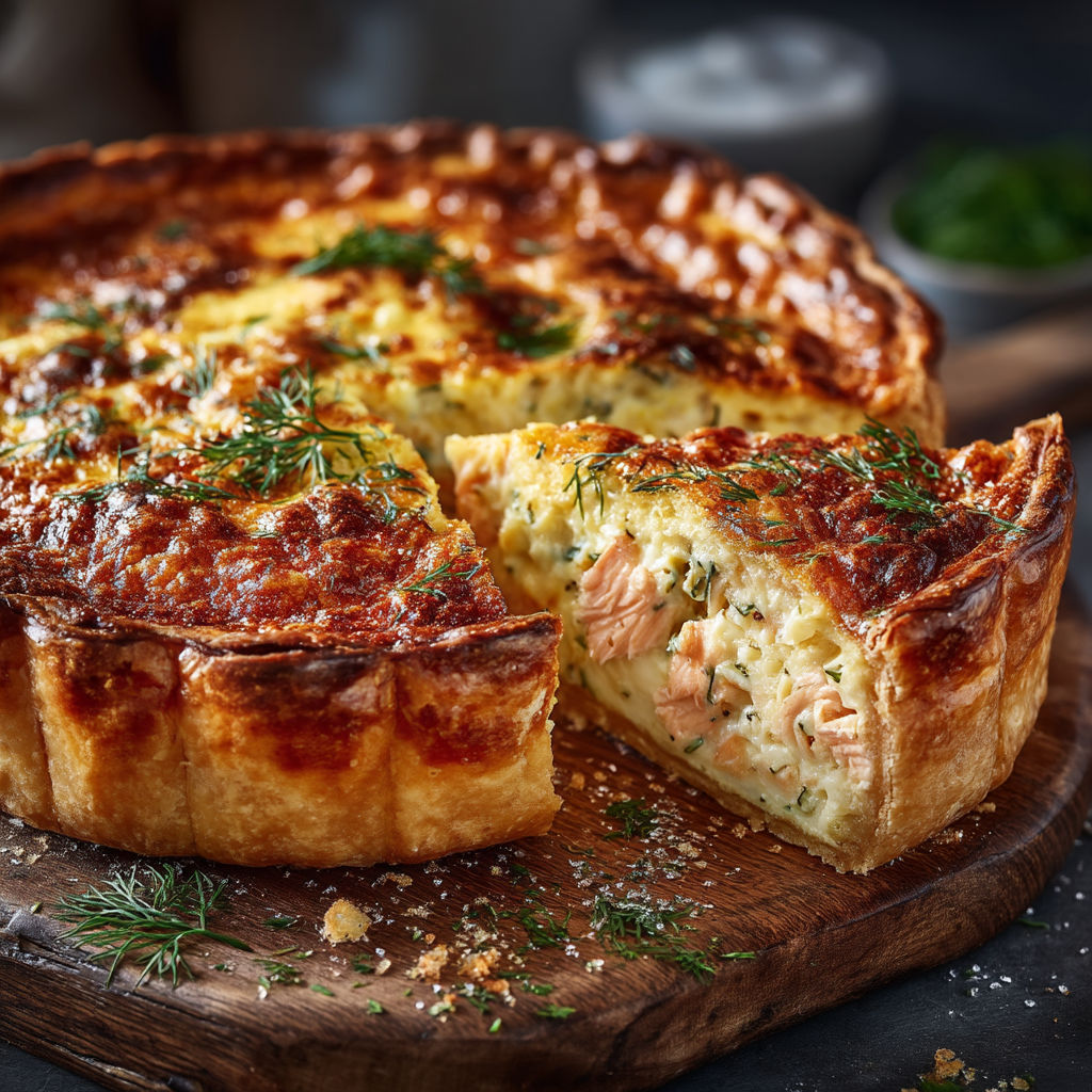 A slice of quiche with herbs on top.